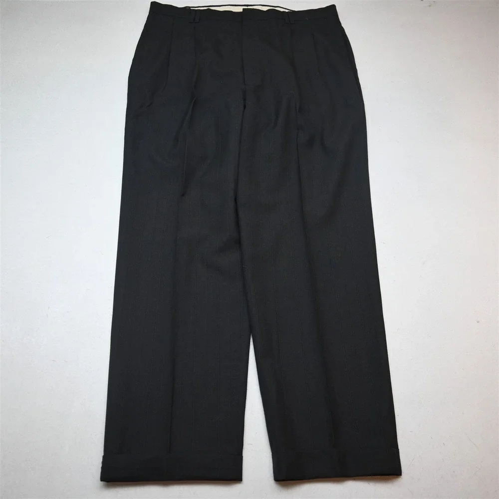 Vtg Y2K 2000s Boxy Double Breasted 46L 36x32 Gray Striped Wool Jacket Pants Suit